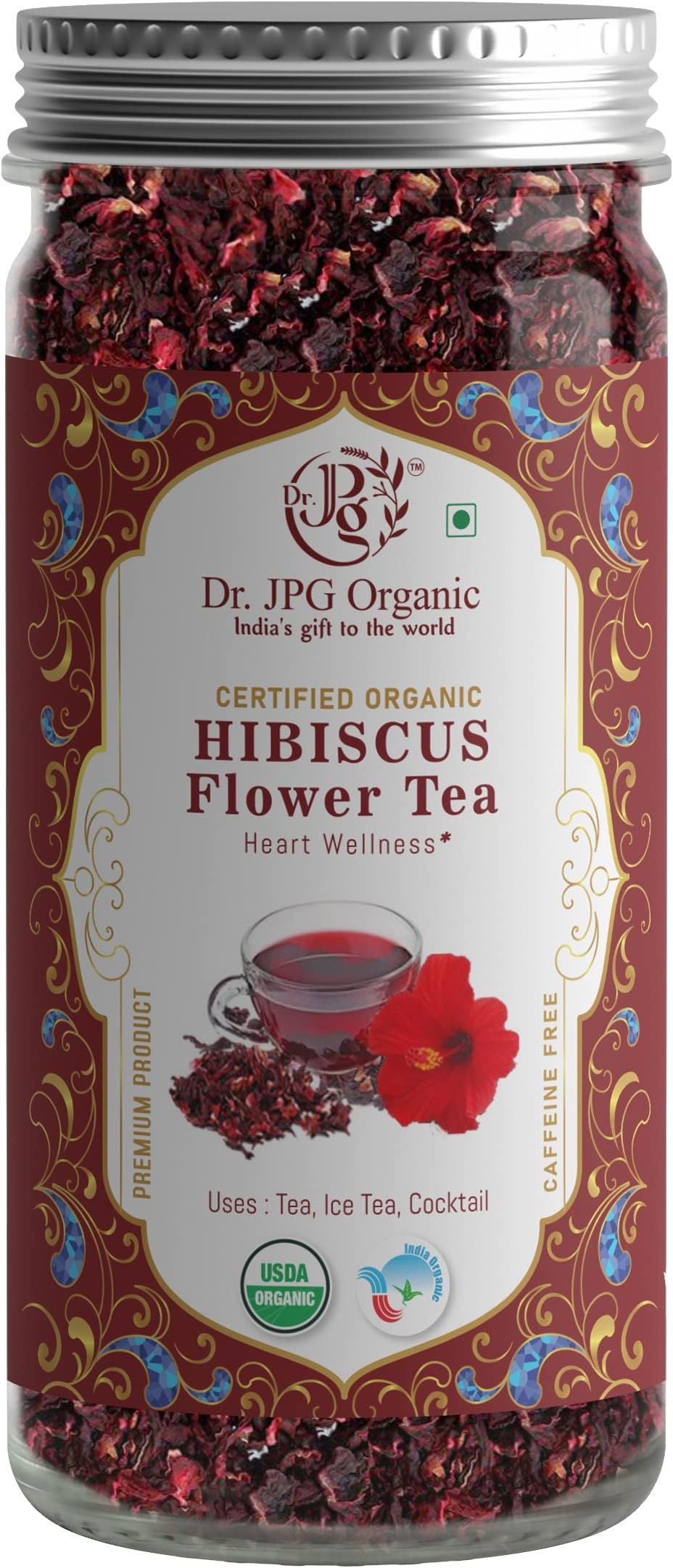 Dr. JPG Organic Hibiscus Tea 50g / Hibiscus Flower Tea/INDIA ORGANIC Certified/ISO & GMP Certified. (Hibiscus-50g)