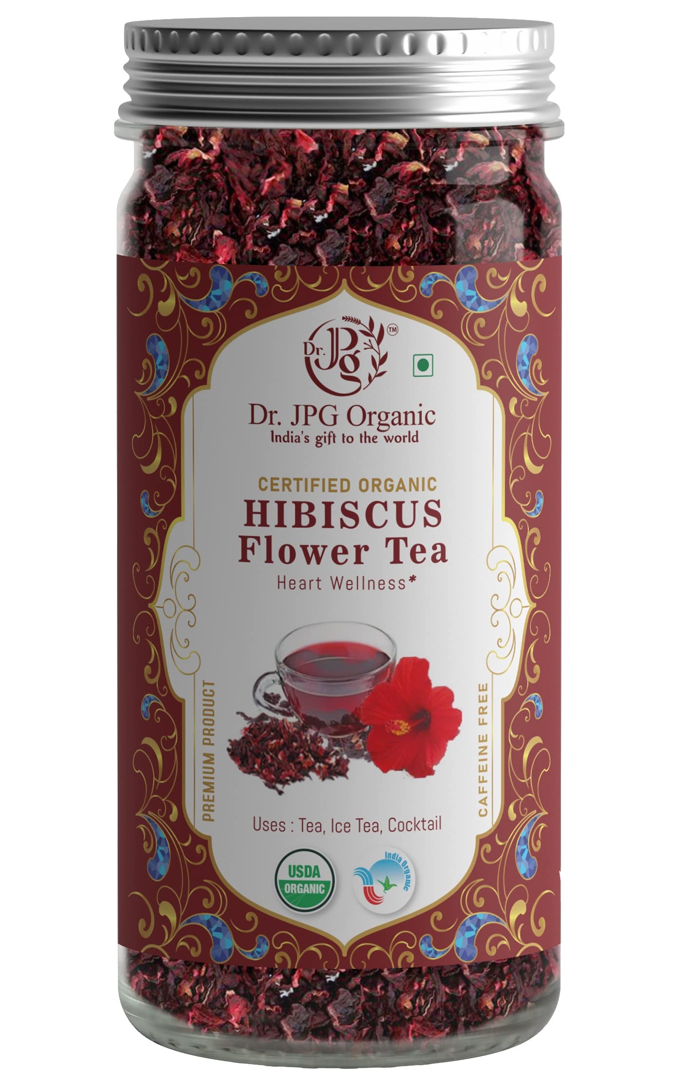 Dr. JPG Organic Hibiscus Tea 50g / Hibiscus Flower Tea/INDIA ORGANIC Certified/ISO & GMP Certified. (Hibiscus-50g)