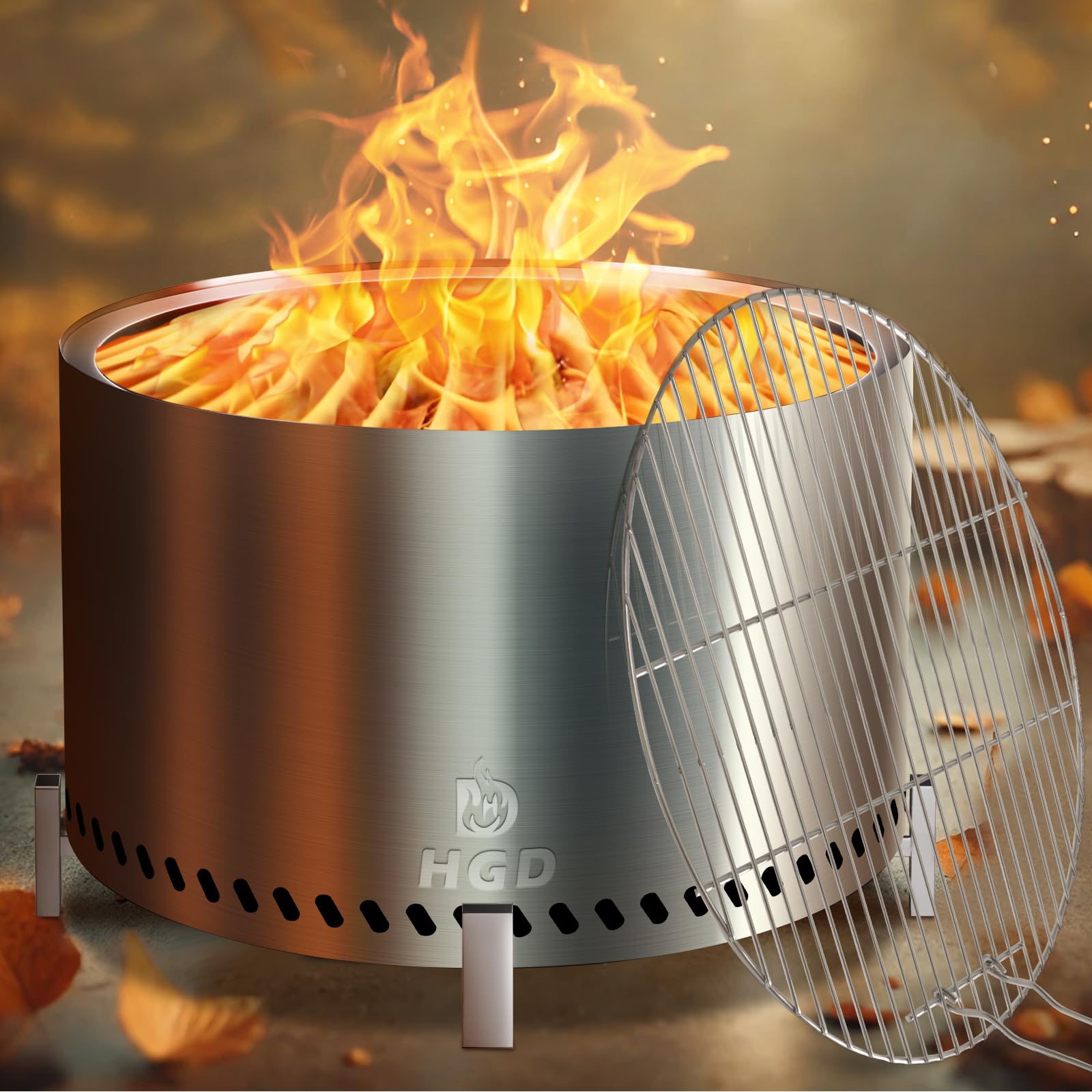 HGD 28" Smokeless Firepit with Stand & Grill Rack, Large Stainless Steel Wood Burning Fire Pit for Friends & Family Gatherings, Secondary Combustion Outdoor Patio Stove for Garden BBQ & Bonfire