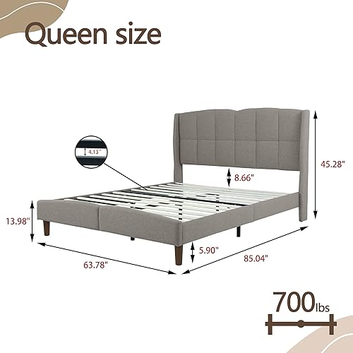 Miniatura 2 de RYR Base de cama tapizada tamaño Queen con cabecera clásica, soporte de listones de madera antideslizante, fácil montaje, no requiere somier, lino