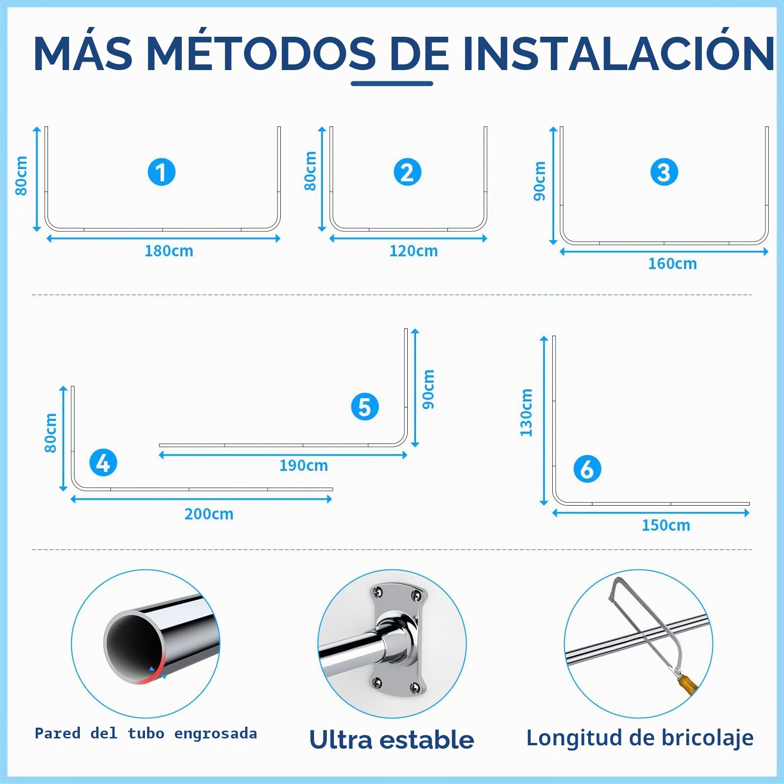 Barra de cortina de ducha en forma de U/L, [80-90] × [160-180] × [80-90]cm | Barra de ducha esquina de acero inoxidable SUS304, barra de ducha ajustable con soporte de techo, incluye 22 anillos