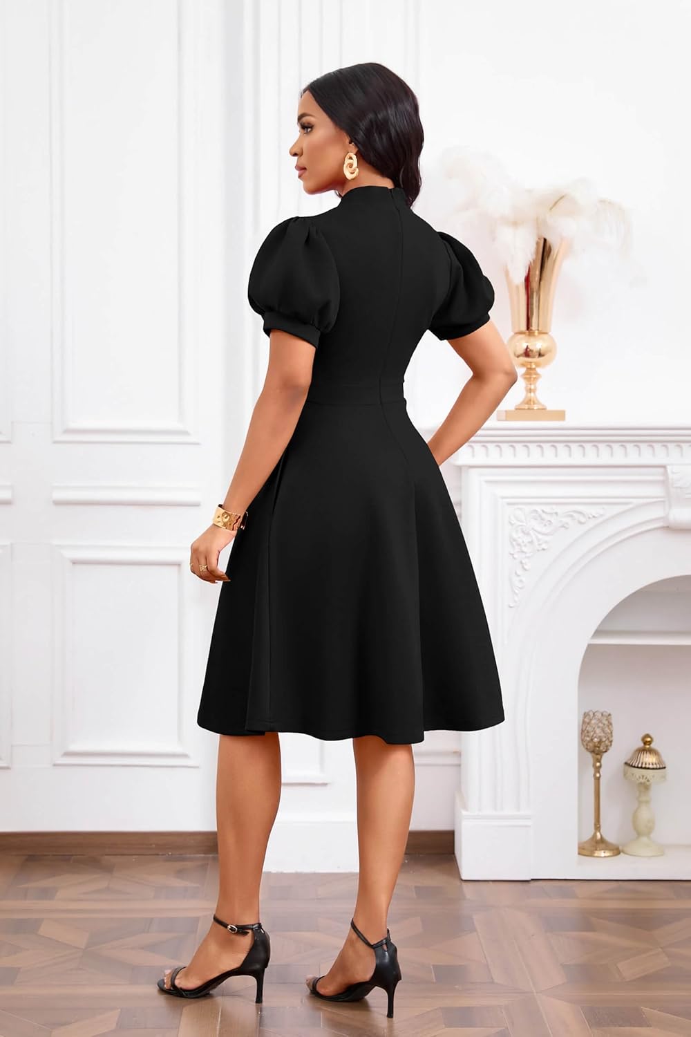 Nmoder Midi Dresses for Women, Semi-Formal Fit and Flare Tie Neck Puff Sleeve Elegant Cocktail Party Summer Short Dress - Image 5