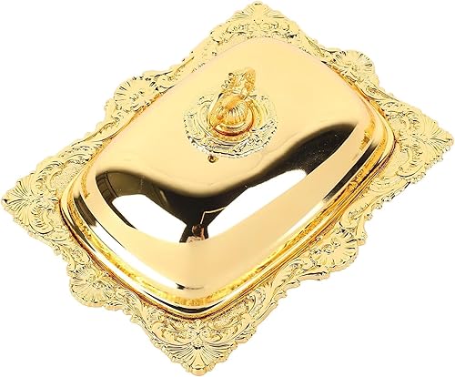 Mantequillera de metal con tapa dorada vintage para mantequilla de queso sólido, plato de mantequilla con tapa, plato de mantequilla de arte real