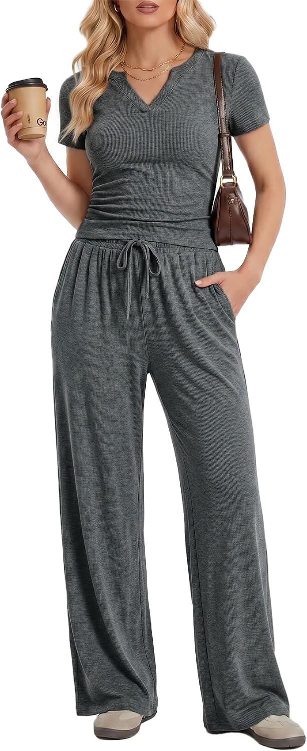 2 Piece Matching Lounge Sets Women Summer Travel Set V Neck Top Wide Leg Pants Airport Travel Outfit