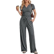 2 Piece Matching Lounge Sets Women Summer Travel Set V Neck Top Wide Leg Pants Airport Travel Outfit