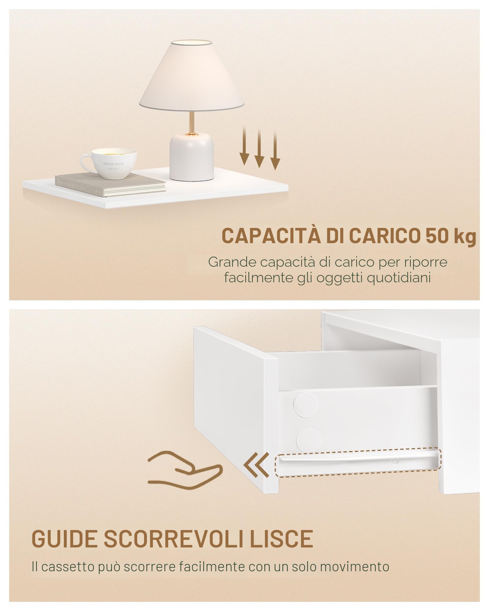 Hzuaneri Comodino Sospeso Set di 2, 1 Cassetto con Guide, Spazio Aperto a Forma di U, Moderno, per Camera da Letto Soggiorno, 30 x 40 x 29,2 cm, Bianco NS50203X