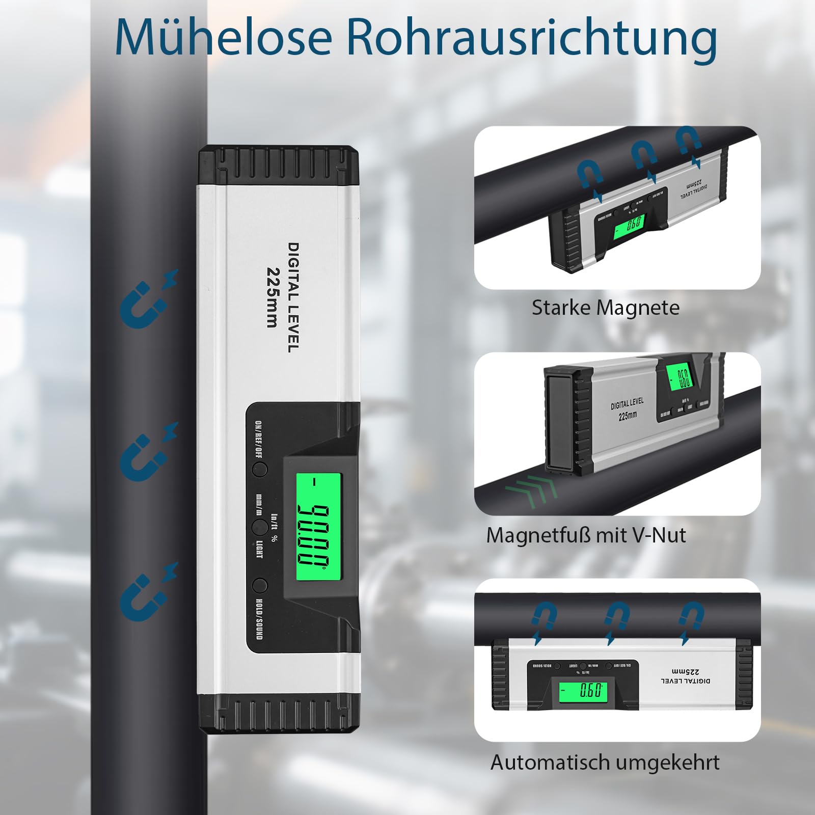 Digitale Wasserwaage 225mm, Winkelmesser mit Wasserwaage, Magnetischer, V-Nut Basis, Hochhelles LCD-Display, Neigungsmesser & Winkelmesser für präzise Messungen, Bau, Werkstatt, Solar & Auto