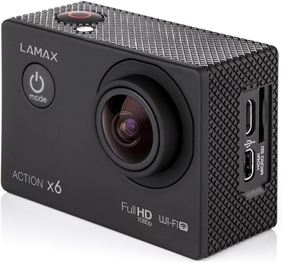 వైపు view of the LAMAX Action X6 camera without its housing, revealing the HDMI and Micro SD card slots.
