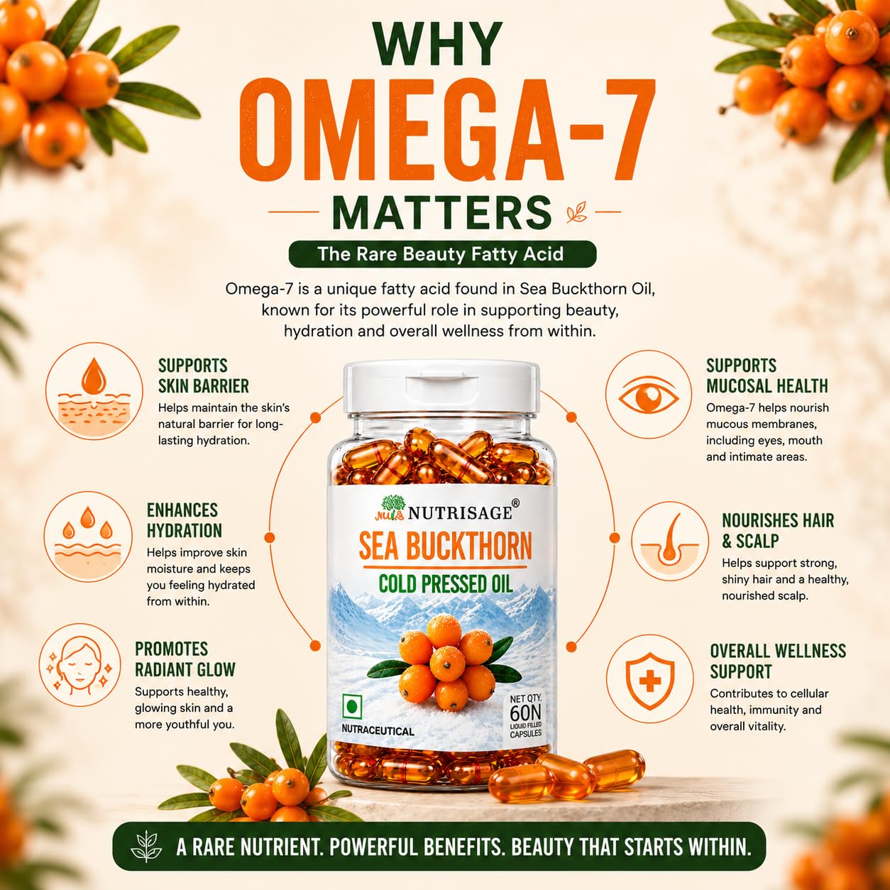 Sea Buckthorn Oil Capsules 1200mg Daily Serving | Cold Pressed Himalayan Omega 7 Formula | Supports Skin Hydration, Glow, Hair & Whole Body Wellness | Omega 3 6 7 9 | 60 Capsules — Amazon image 4