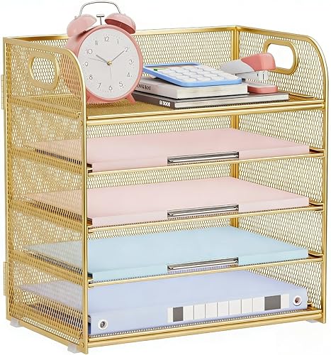 Miniatura 11 de Bandeja organizadora de papel con asa, organizador de escritorio apilable negro de 5 niveles con malla de metal, bandeja de papel resistente para