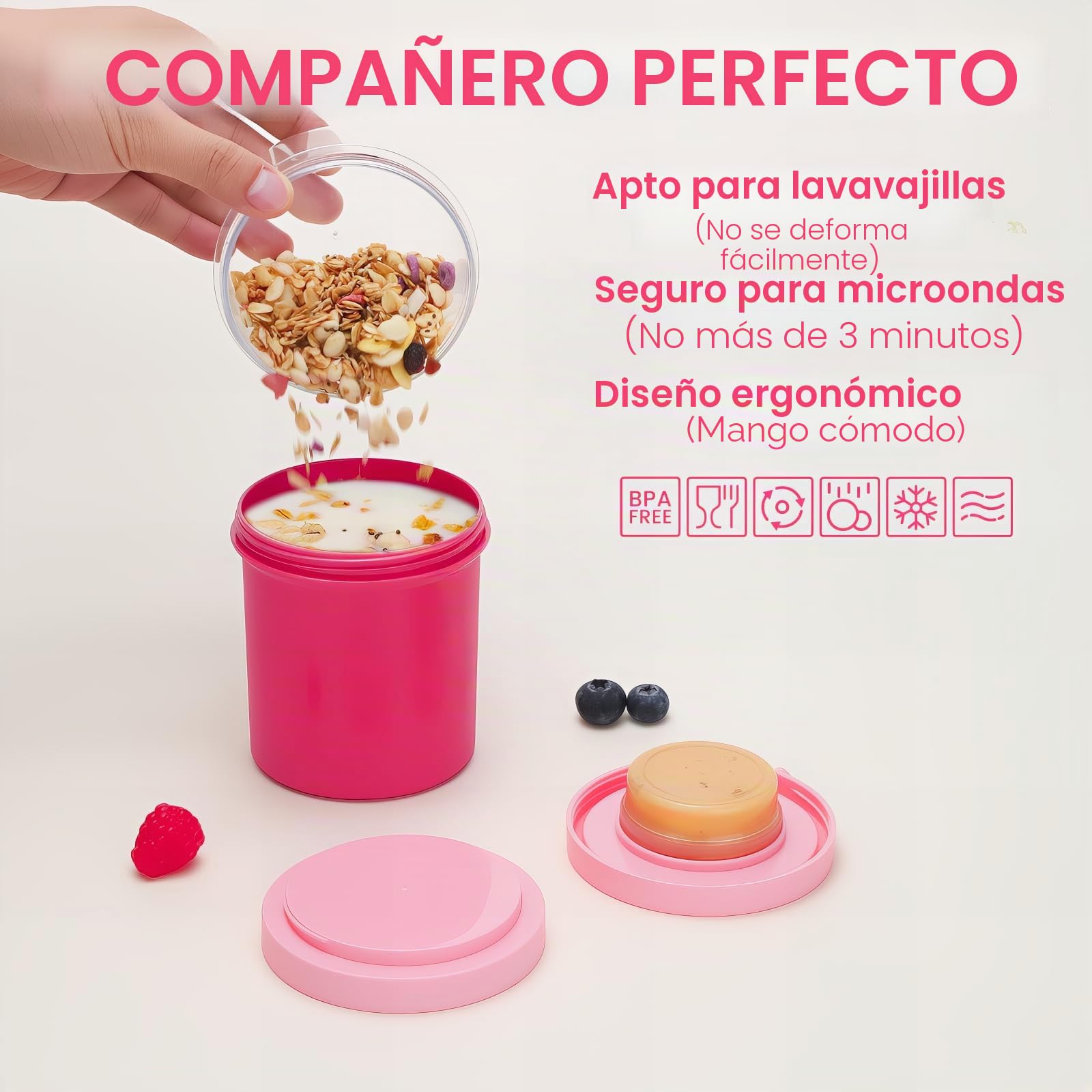 Bugucat Taza para Cereales 450ML+250ML, Taza de Yogur Recipientes para Cereales para Llevar con Tapas y Cuchara, Reutilizable Porta Yogur Vaso Portátil Taza de Cereales con Recipiente para Ensaladas