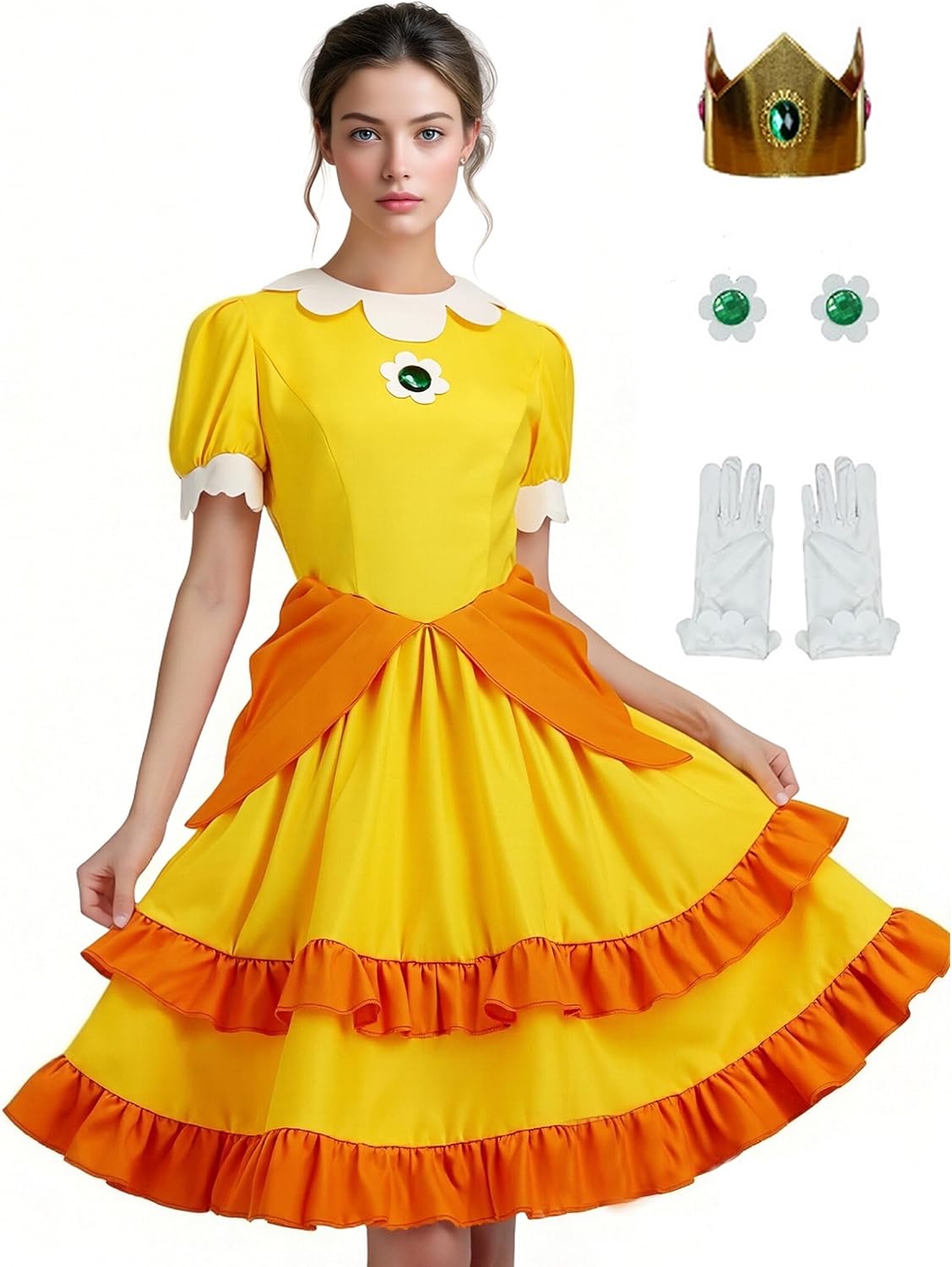 Princess Rosalina Costume Women Daisy Dress Party Gown Ball Dress Halloween with Crown Earrings Gloves Full Set
