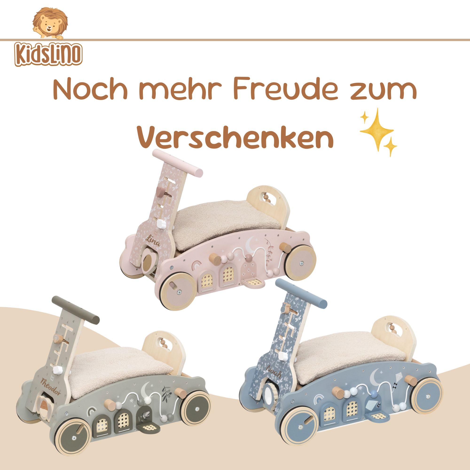 Personalisierter Lauflernwagen aus Holz mit Name – Sicherer Baby Schiebewagen für erste Schritte – Lauflernhilfe mit Bremse & Motorikspiel – Geschenk zum 1. Geburtstag für Mädchen & Jungen