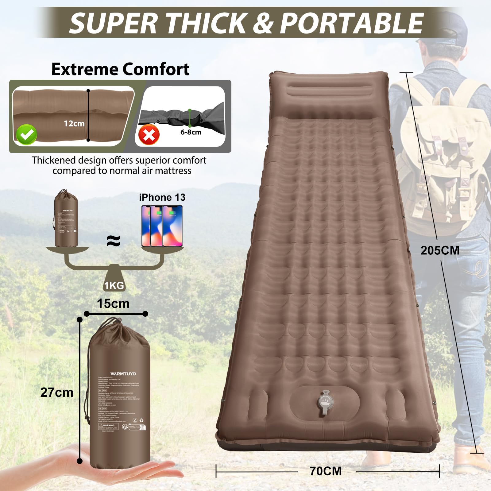 WARMTUYO Matelas isolant de camping - 12 cm - Gonflable - Petit encombrement - Étanche - Avec pompe à pied et coussin - Tapis de couchage antidérapant pour la randonnée et la plage