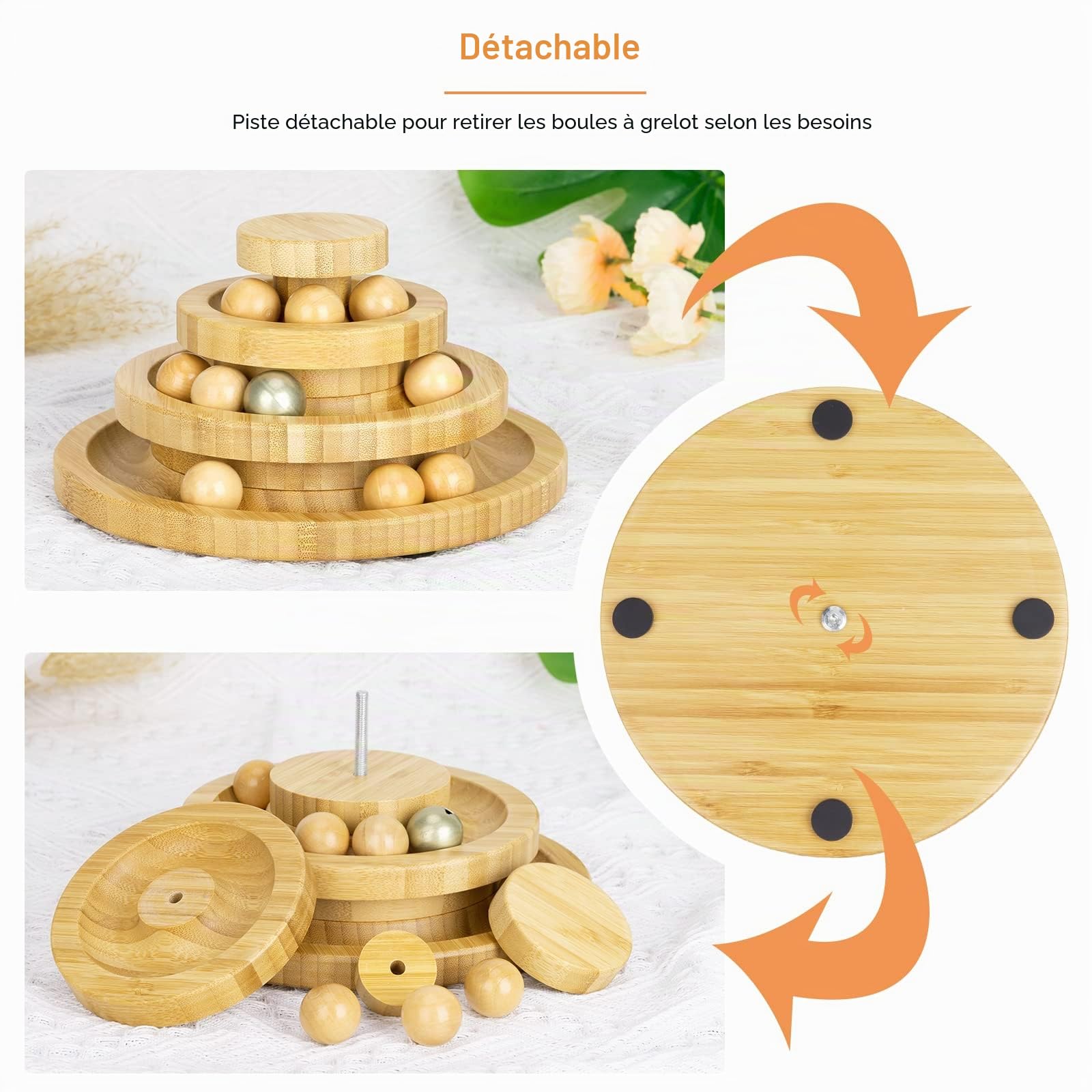 Jouet pour Chat, Jouet Chat Interieur en Bois, Balle Chat Piste détachable, Balle avec Cloche