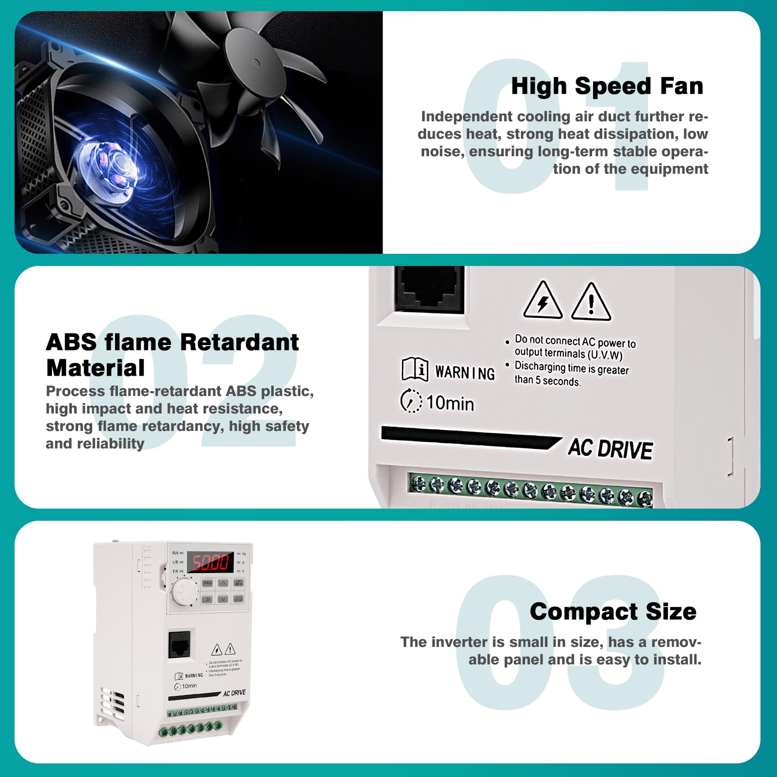 Inverter per Motori trifase 380V 2.2KW VFD Azionamento a frequenza variabile ingresso e uscita trifase 380V Regolatore convertitore di frequenza CNC ZHB600-2.2KW con cavo prolungatore 2M