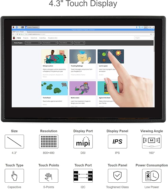 Waveshare 4.3" DSI LCD kijelző Raspberry Pi 4B-hez, 800×480 érintőképernyő