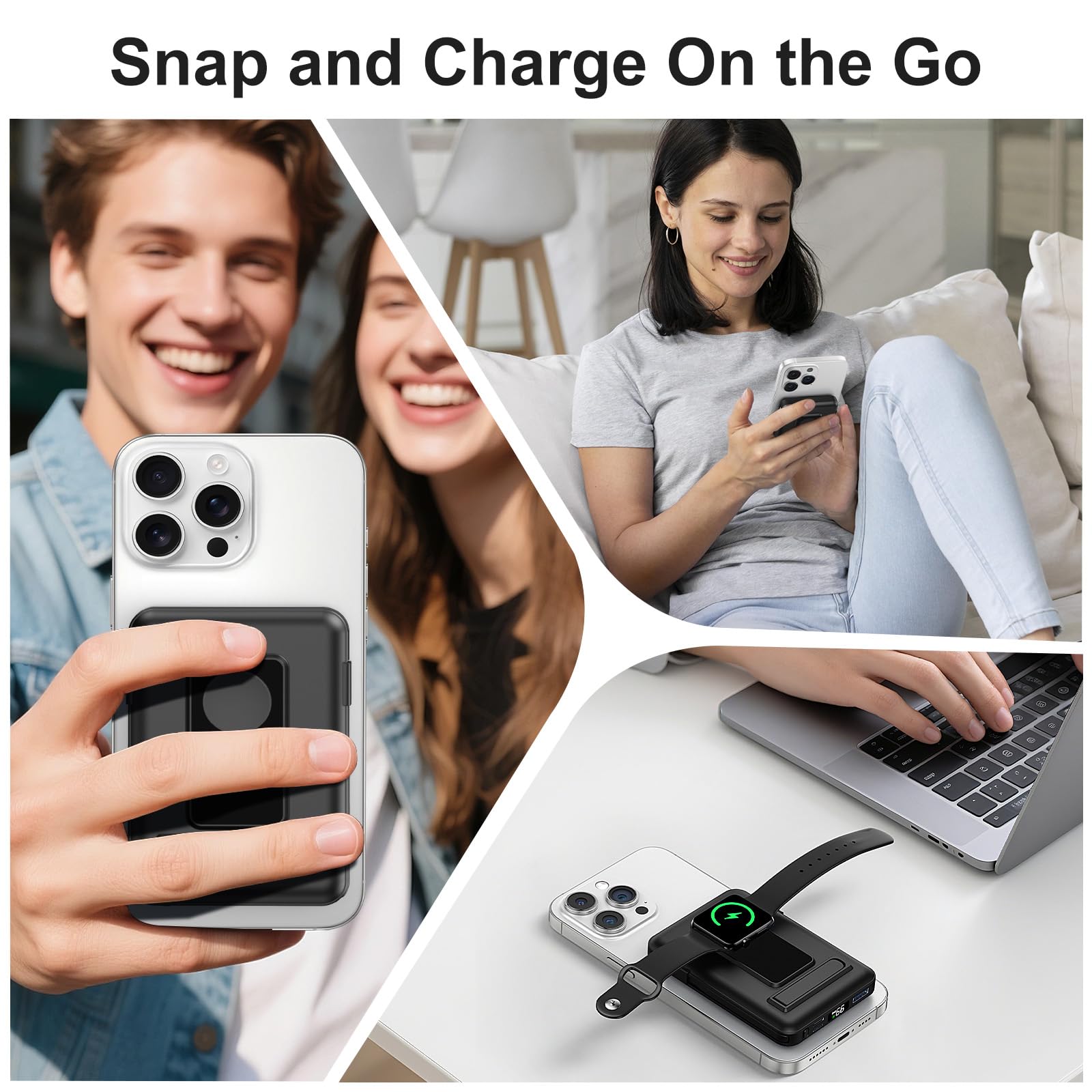 for Batterie Externe Iphone, 10000mAh Power Bank Magnétique Compatible avec MagSafe, Charge Rapide PD 20W avec 2 Câble et Support et Affichage LED, for iPhone 17-12 et Apple Watch Series(Noir)