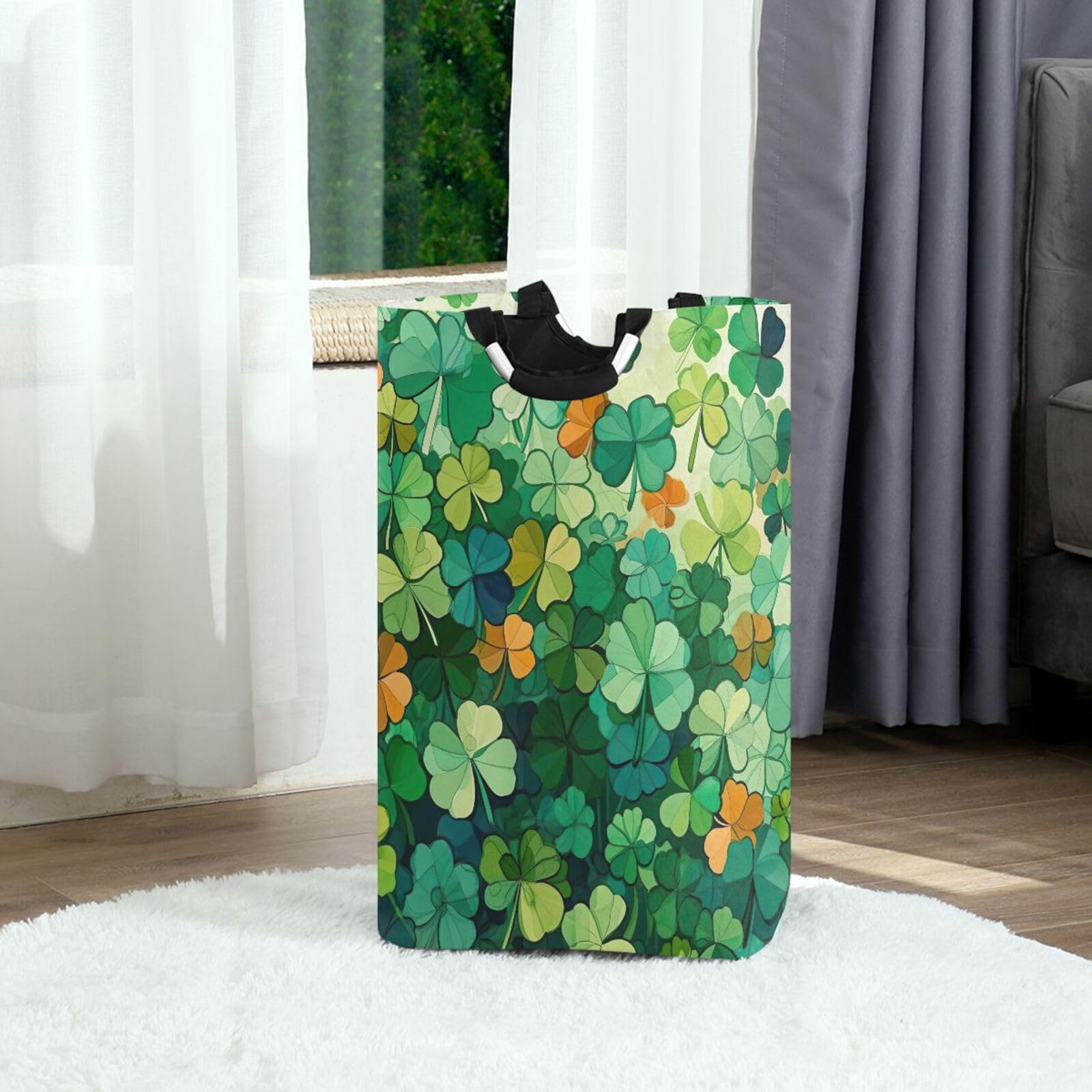 Jihqo Laundry Hamper Basket St Patrick's Clover Pattern Collapsible Nursery Storage Bin Waterproof Clothing Baskets for Home Bedroom Bathroom Washing Room