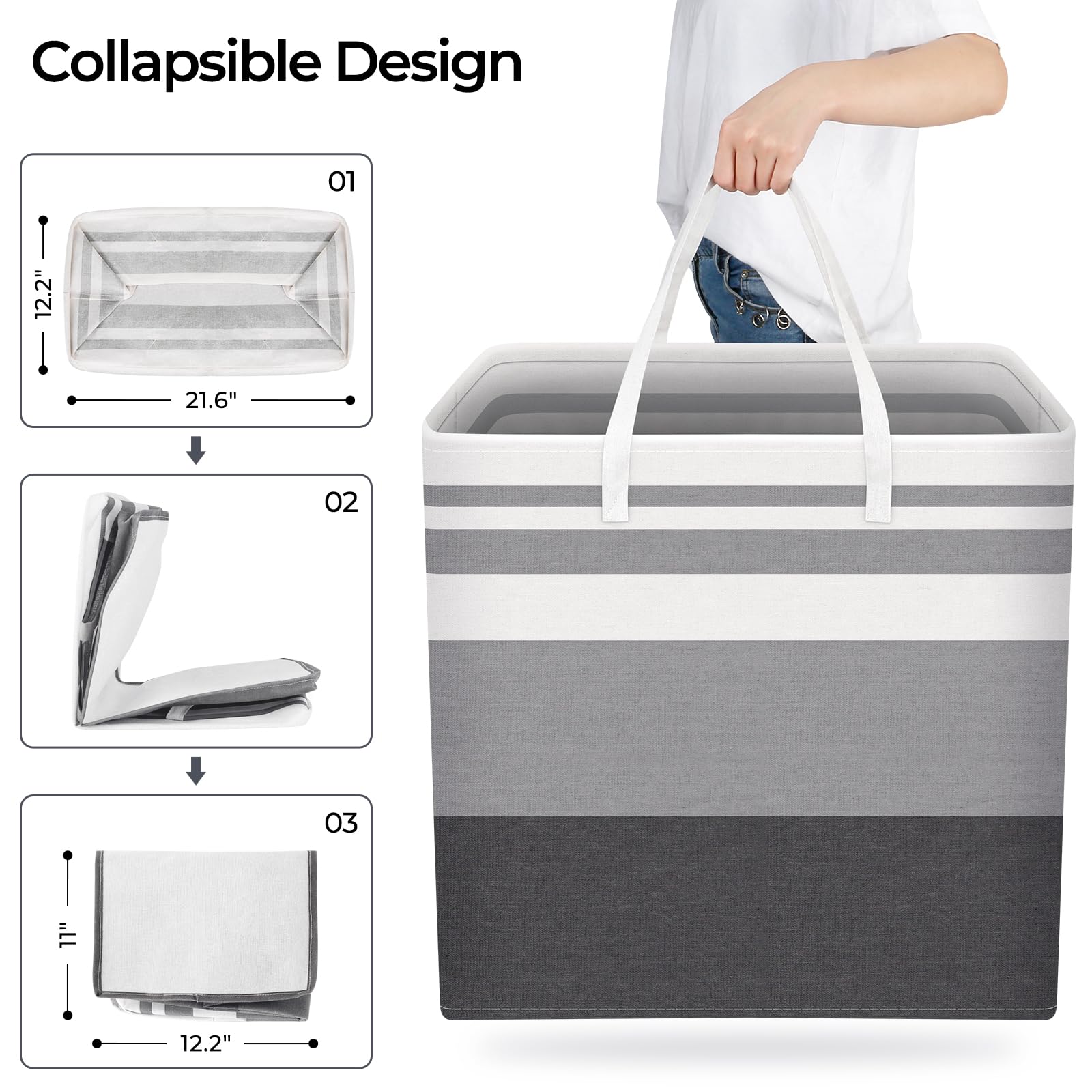 HomeHacks Confezione da 3 grandi cesti portabiancheria, impermeabili, autoportanti, pieghevoli, con manici estesi, per vestiti, giocattoli, dormitorio e famiglia (grigio sfumato, 100 l)