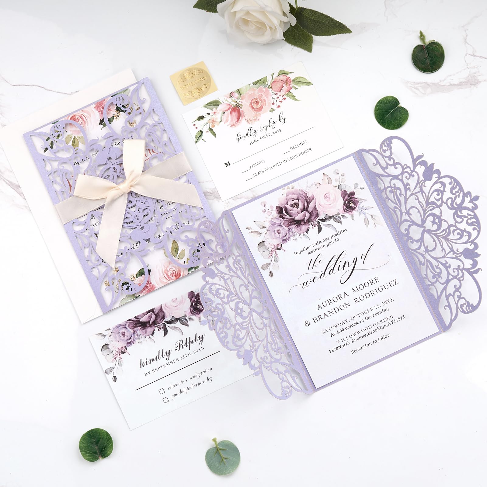 Hochzeitseinladungen mit Umschlägen und RSVP-Karten, lasergeschnitten, Violett, blanko, Hochzeitseinladungs-Set, personalisierte Quinceanera-Karte für Babyparty, Brautparty, Abschlussfeier, 16