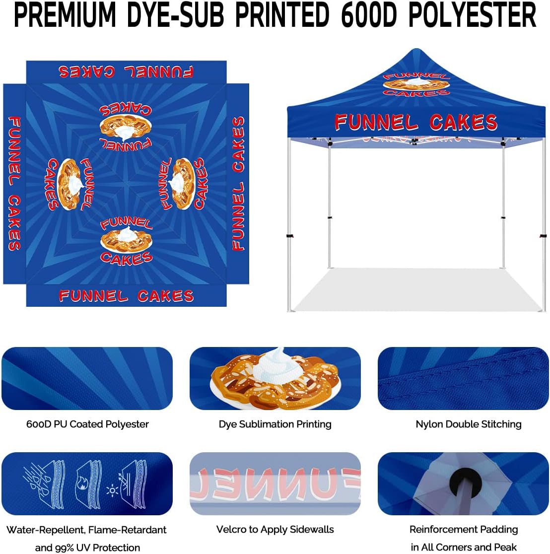 Custom Canopy Tent 10x10 with Logo, Personalized Pop Up Canopy Tent with Optional Walls for Business Events, Trade Shows, Farmers Market, Roller Bag Included(Demo Funnel Cakes)