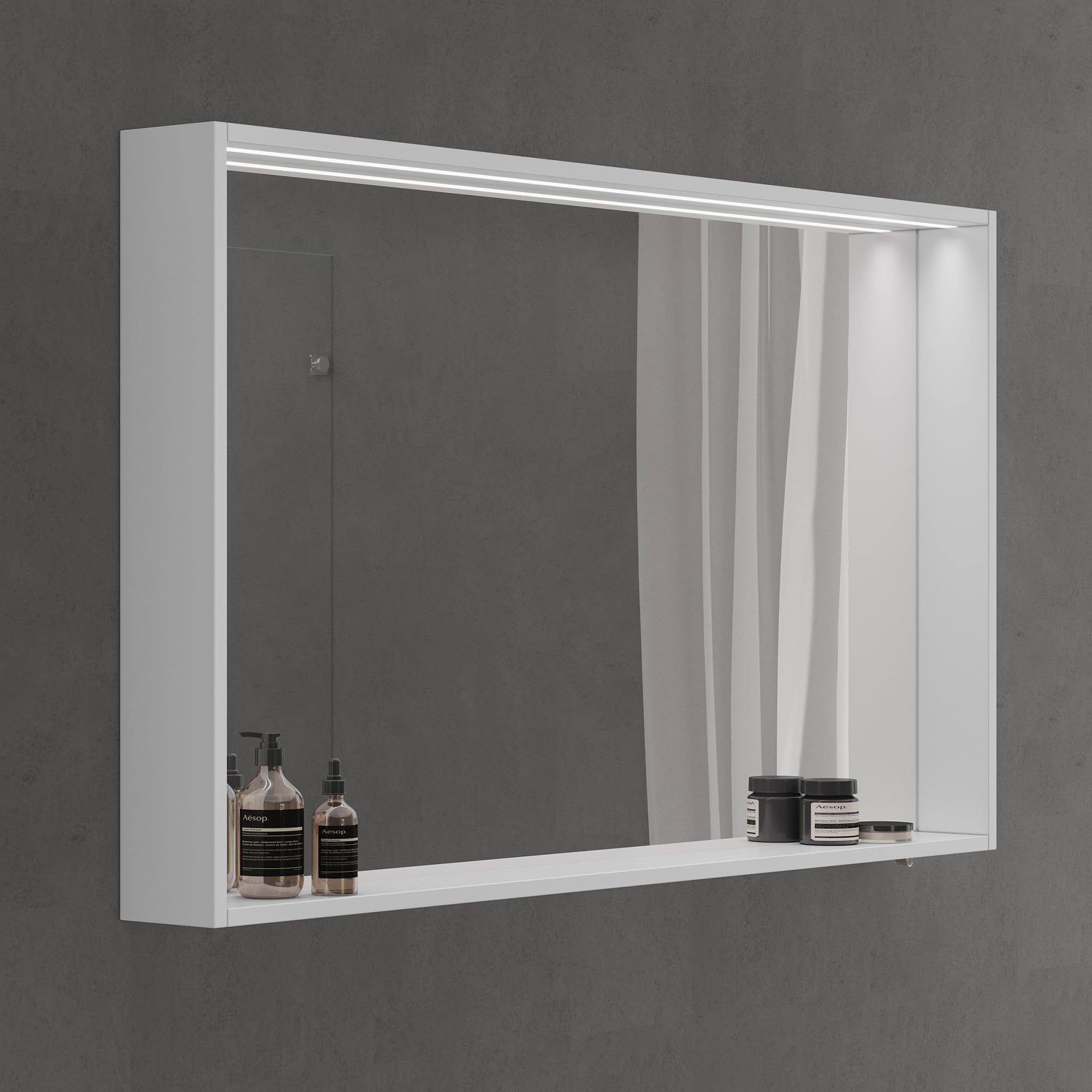 Miroir Salle De Bain Avec Étagère Et Éclairage LED - 80x70cm | Blanc Mat | Capteur Gestuel | Rangement Intégré
