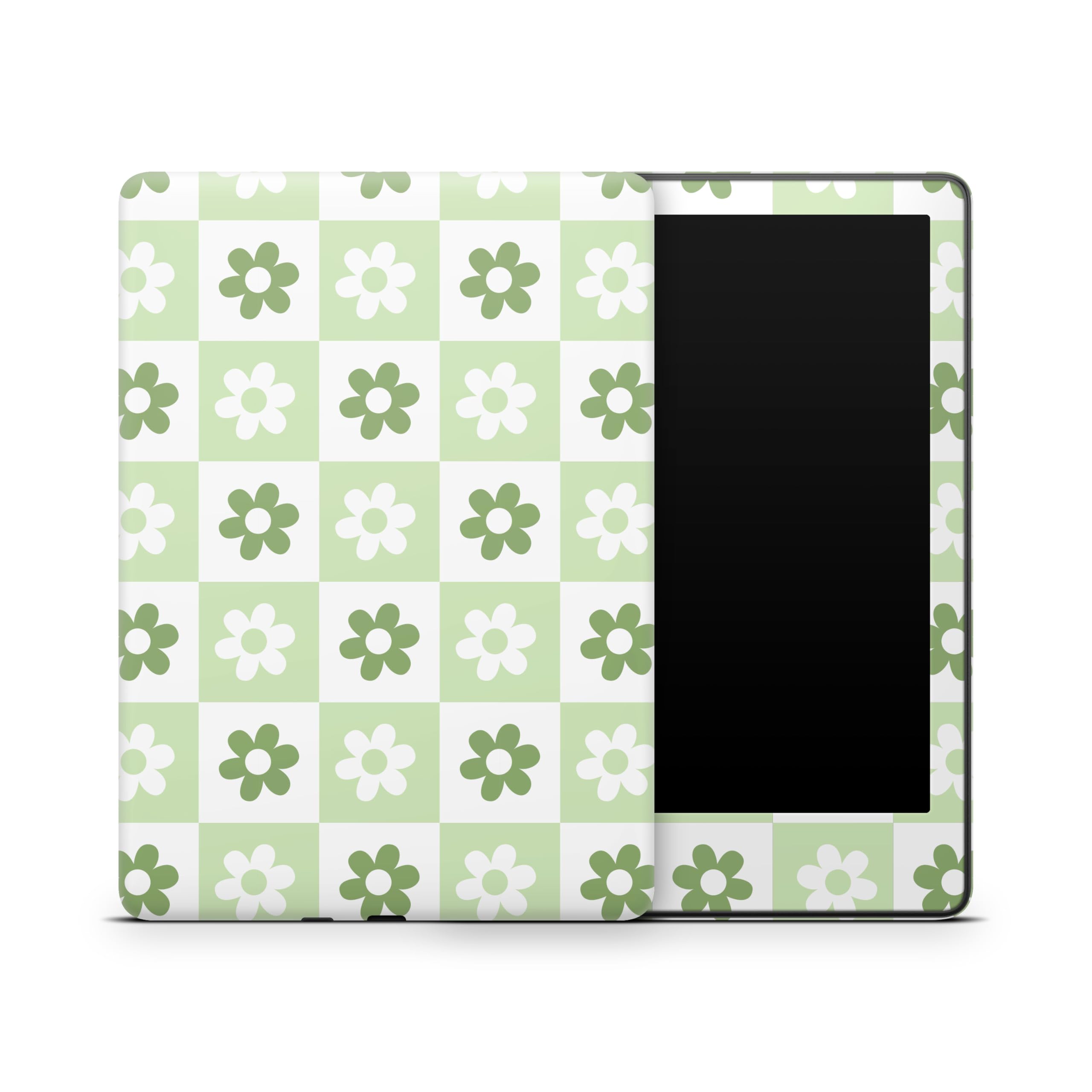 ZOOMHITSKINS Glitter Kindle Skin Compatible with Kindle Paperwhite Gen 11 (2021), Daisy Cute Checkered Green White Vintage Flowers Elegant, Easy Bubble-Free 3M Vinyl Decal, Made in The USA