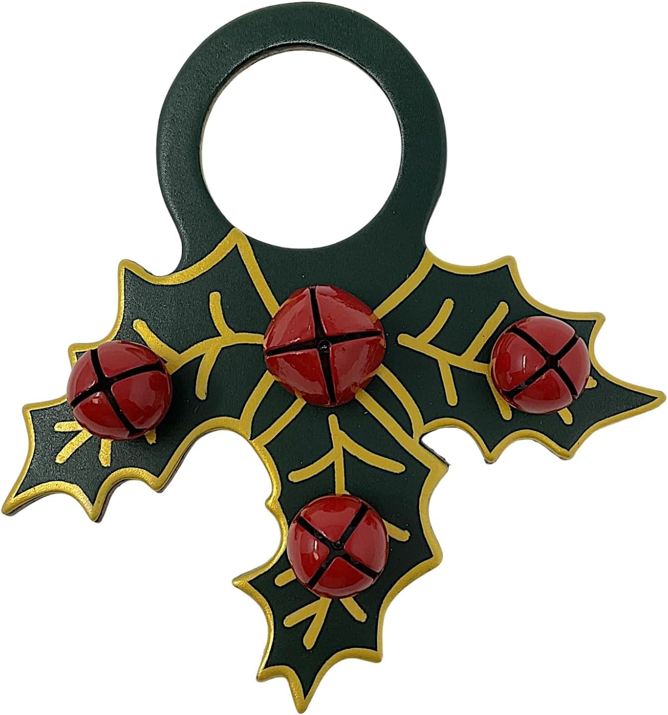 Christmas Holly with Red Bells Leather Sleigh Bell Door Knob Hanger Made in USA