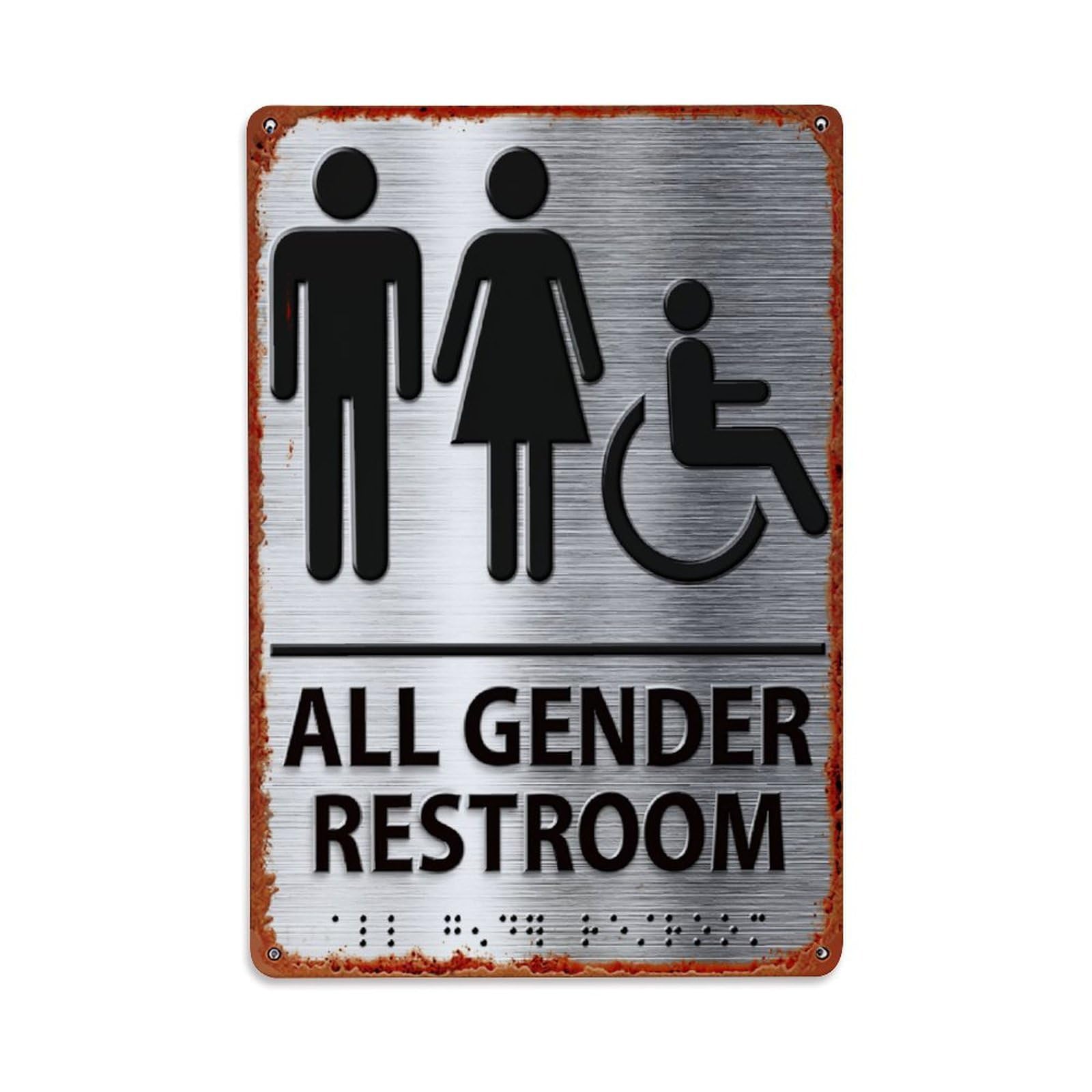 All Gender Restroom Sign With Braille Retro Metal Tin Sign, Vintage Decor Art Poster for Bar, Home, Man Cave, Kitchen, Laundry Room Gift 8x12Inch