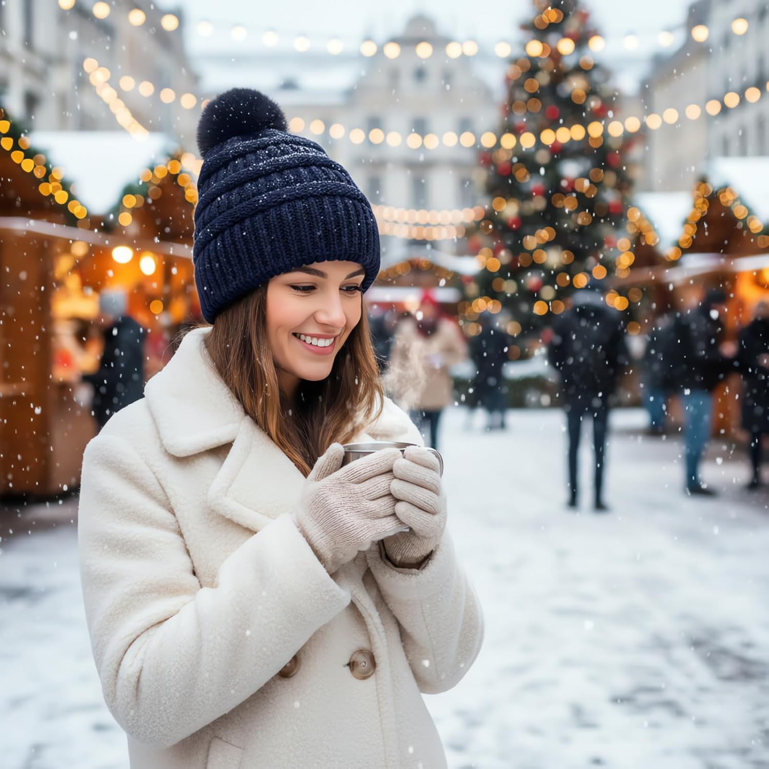 Womens Pompom Beanie Hat Knit Winter Hat with Warm Fleece Lined - Image 3