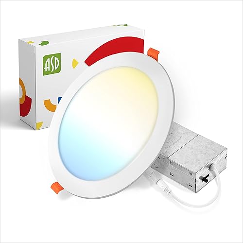 ASD Iluminación LED empotrada ultrafina de 8 pulgadas con caja de conexiones 5 CCT de 2700K-5000K seleccionables techo redondo regulable oblea LED