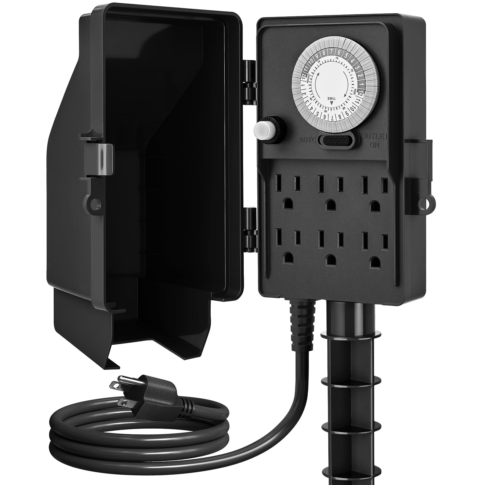 SURAIELEC Outdoor Power Stake Timer, 24-Hour Mechanical Light Timer, Electrical Power Strip Weatherproof, 6FT Extension Cord Multiple Outlet Plug Splitter for Patio Lights, Halloween Decorations