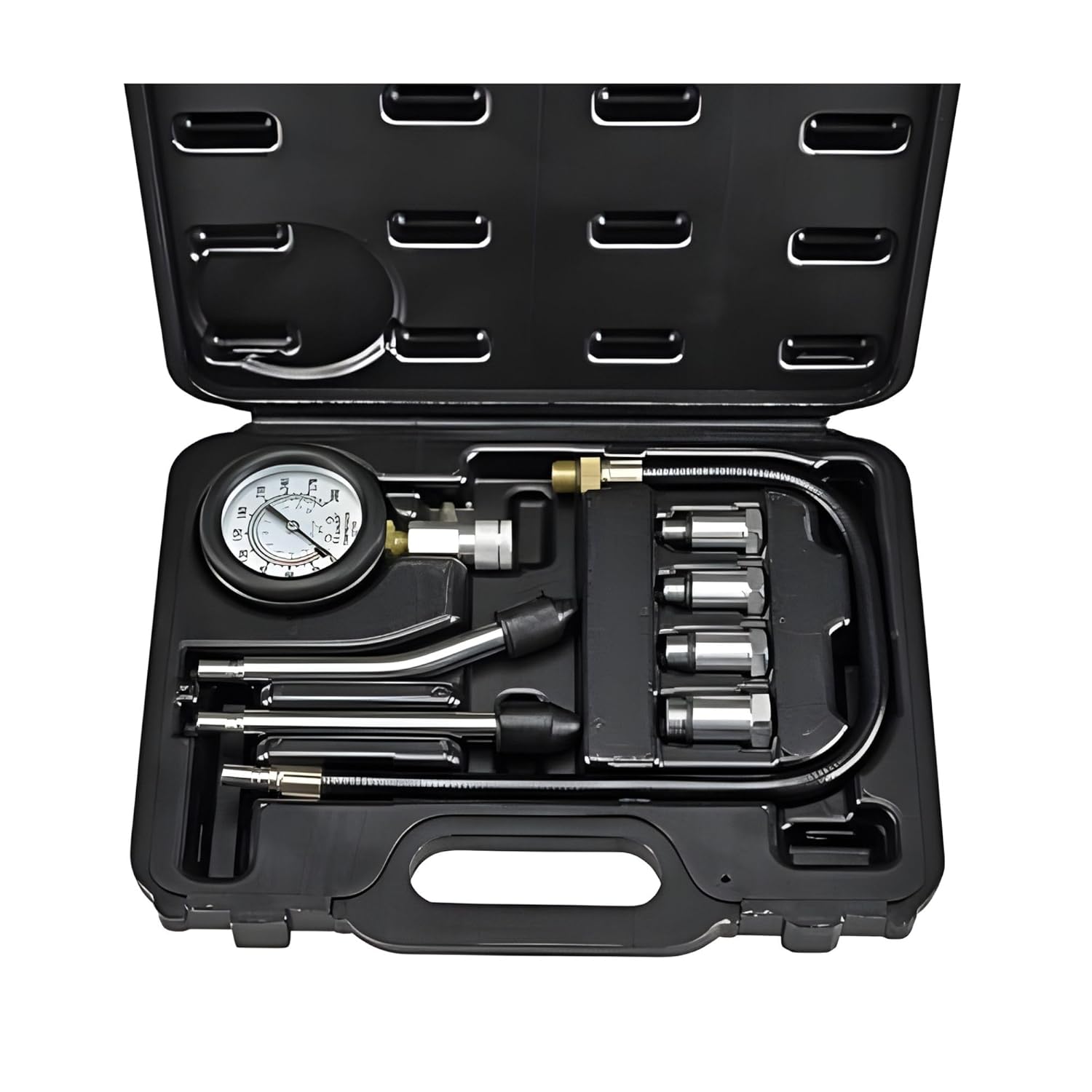 8 Piece Compression Test Kit – Professional Automotive Engine Trial Tool Set with Pressure Rubberized Portector Gauge, Angled Fittings, Flexible Hose & Multiple Adapters for Petrol, Gas Engines