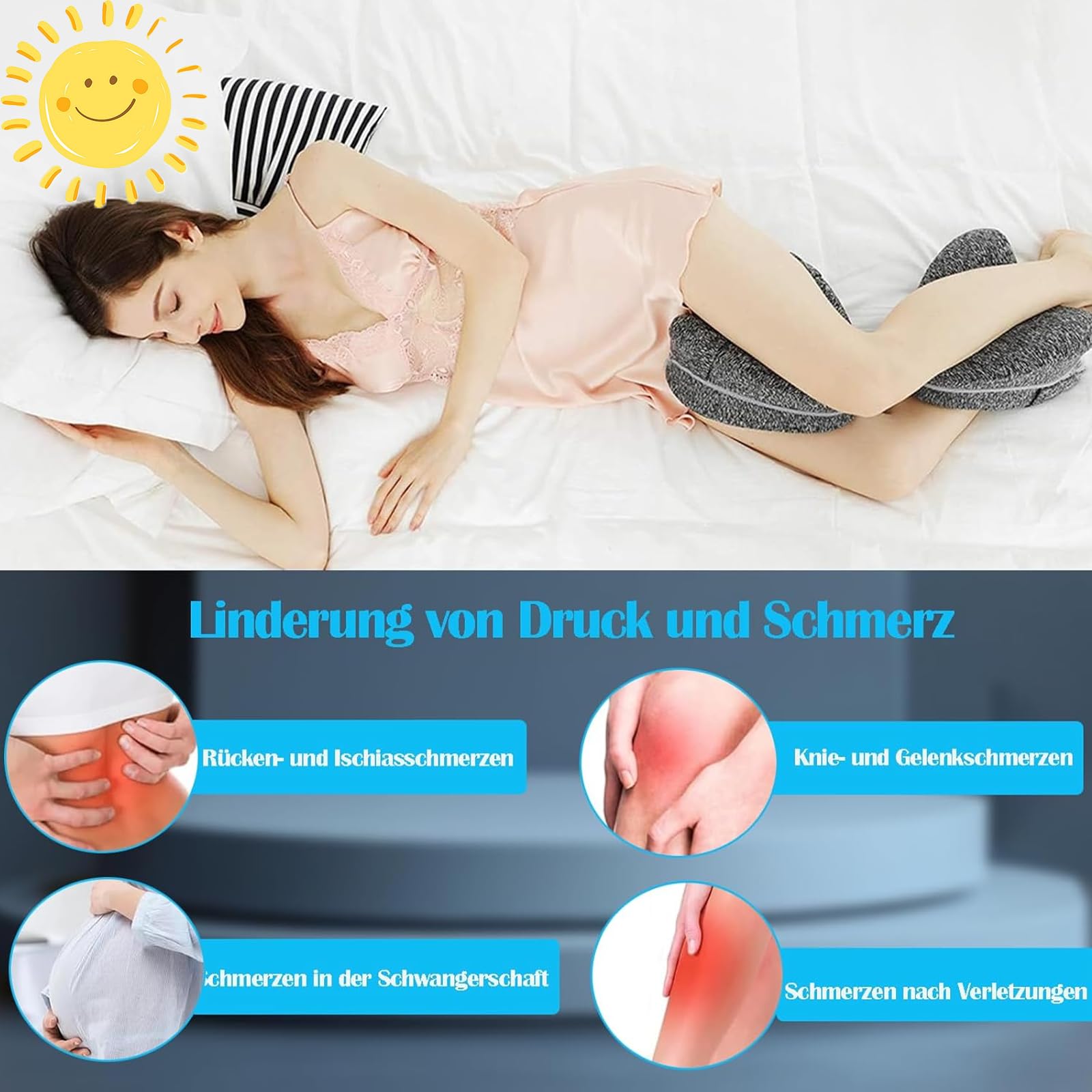 Kniekissen für Seitenschläfer aus Memory Schaum, Grau | Leg Pillow, Für Hüft Rücken Knie-Schmerzen, Schwangerschaft geeignet