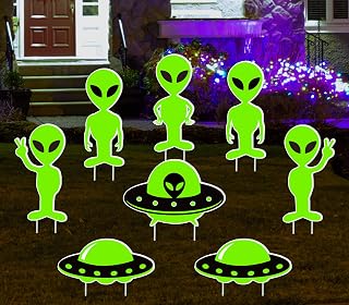 Whaline 8Pcs Halloween Yard Sign with 16Pcs Stakes Glow in the Dark Alien UFO Lawn Sign Large Halloween Yard Decorations for Halloween Home Patio Yard Outdoor Lawn Walkway Decor Alien Party Supplies
