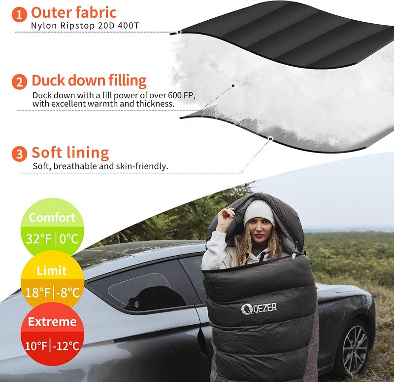 Sac de dormit de iarnă cu puf QEZER, formă dreptunghiulară, 4 anotimpuri, ușor, 1180 g - 1860 g, pentru adulți și copii, ideal pentru camping și drumeții