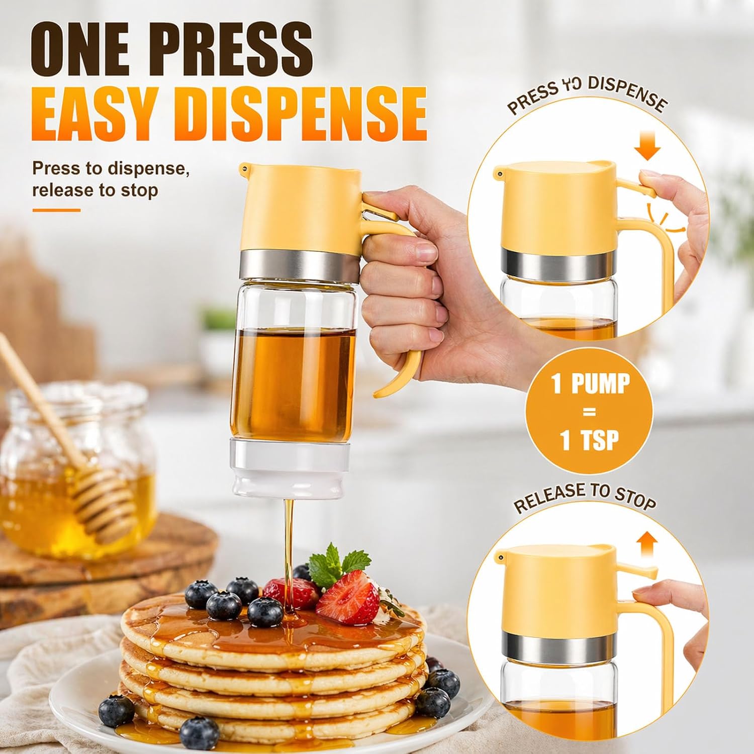 Honey Dispenser No Drip with Base - 12 oz Mess-Free Glass Syrup Jar, One-Hand Control for Coffee, Tea & Pancakes, Easy to Use & Clean, Stylish Kitchen Must-Have (Black, 12 oz)