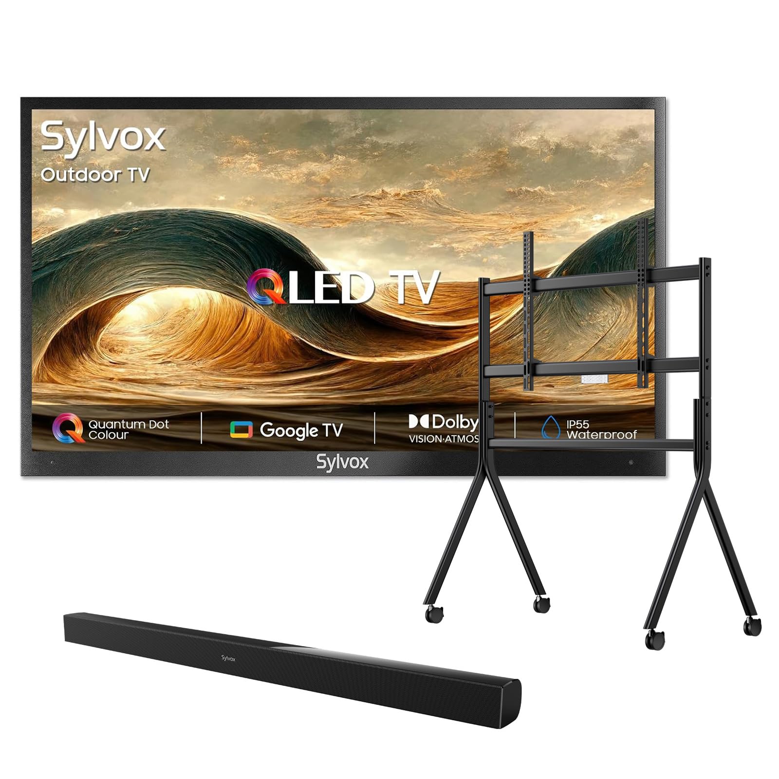SYLVOX Outdoor TV with Rolling Stand Soundbar 65 inch 4K UHD QLED Smart TVs Weatherproof IP55 Waterproof 1000