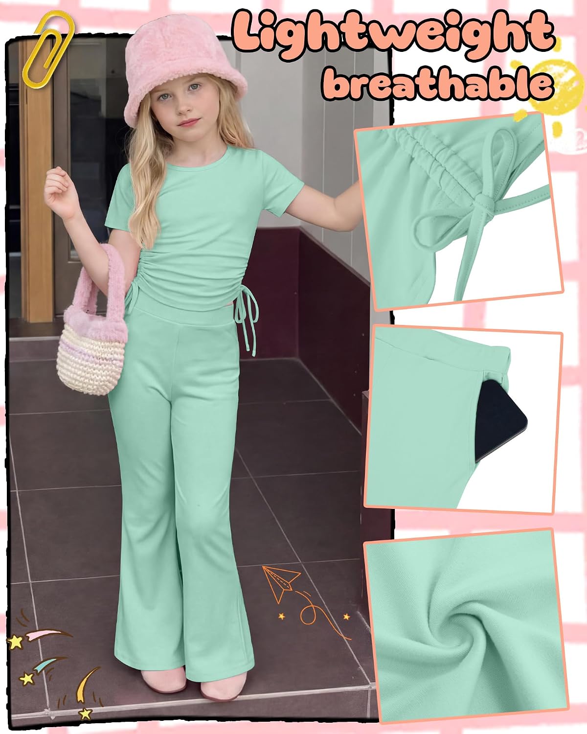 Girls' 2 Piece Outfits Short Sleeve Ruched Slim Fit Tops and Flared Pants Clothes Sets for Tween Age 5-14 Years