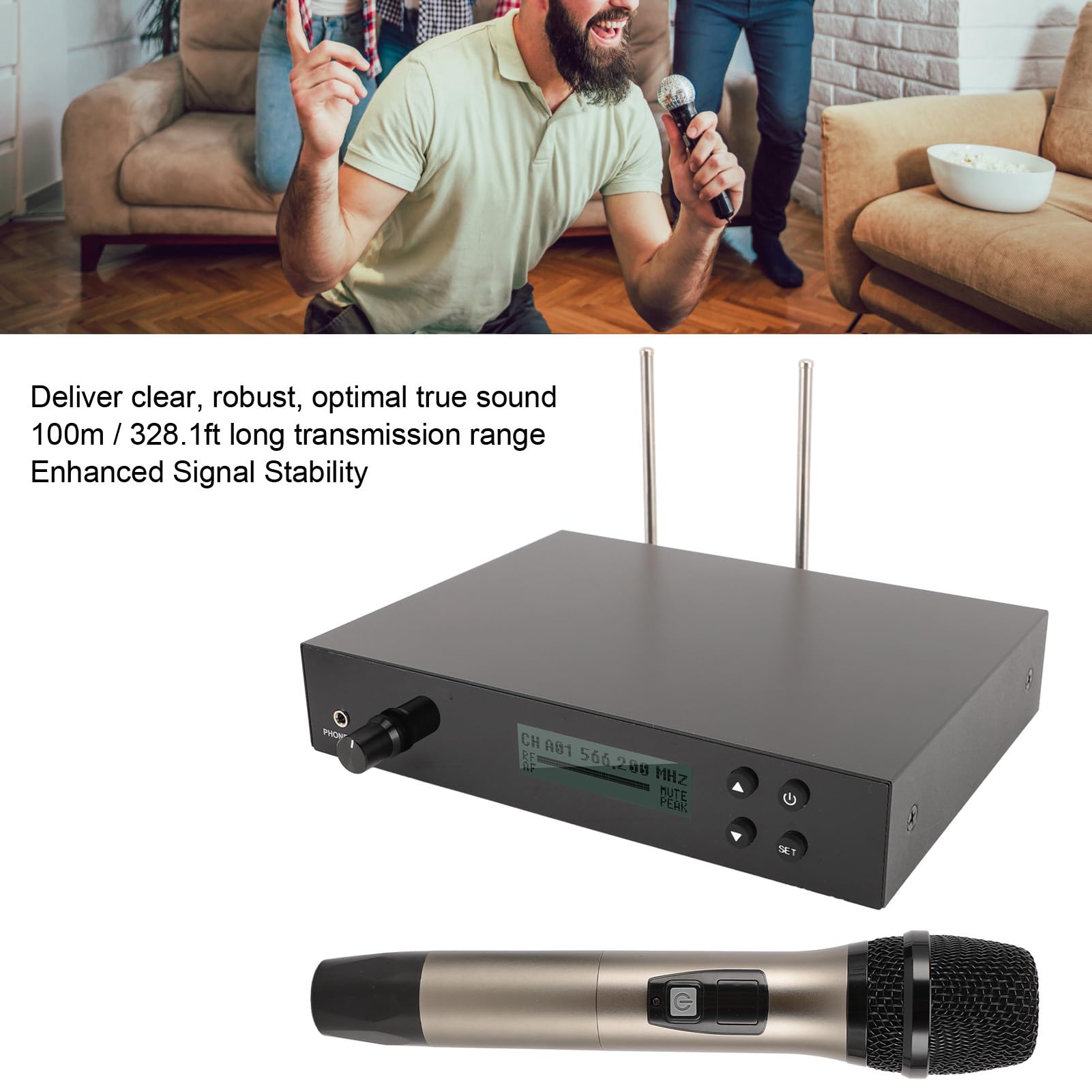 Profesjonalny Bezprzewodowy Mikrofon Ręczny o Wysokim Wzmocnieniu do Karaoke, Imprez i Wesel z częstotliwością 566-608 MHz, Zasięg 100 M, Idealny dla Piosenkarzy i Głośników