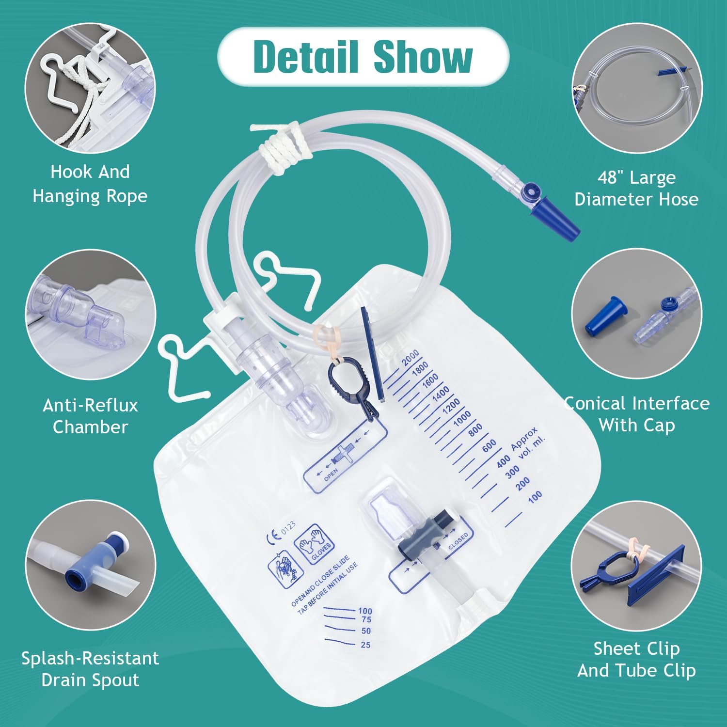 2 Pack Urinary Drainage Bag with Anti-Reflux Chamber, 2000ml Large Capacity, 48" Drainage Tube, Professional Urine Bags with Clips and Hanging Hook, Catheter Bags for Men