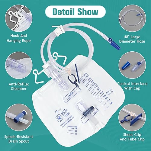 Miniatura 2 de Paquete de 5 bolsas de drenaje urinario con cámara antirreflujo, gran capacidad de 67.6 fl oz, tubo de drenaje de 48 pulgadas, bolsas de orina