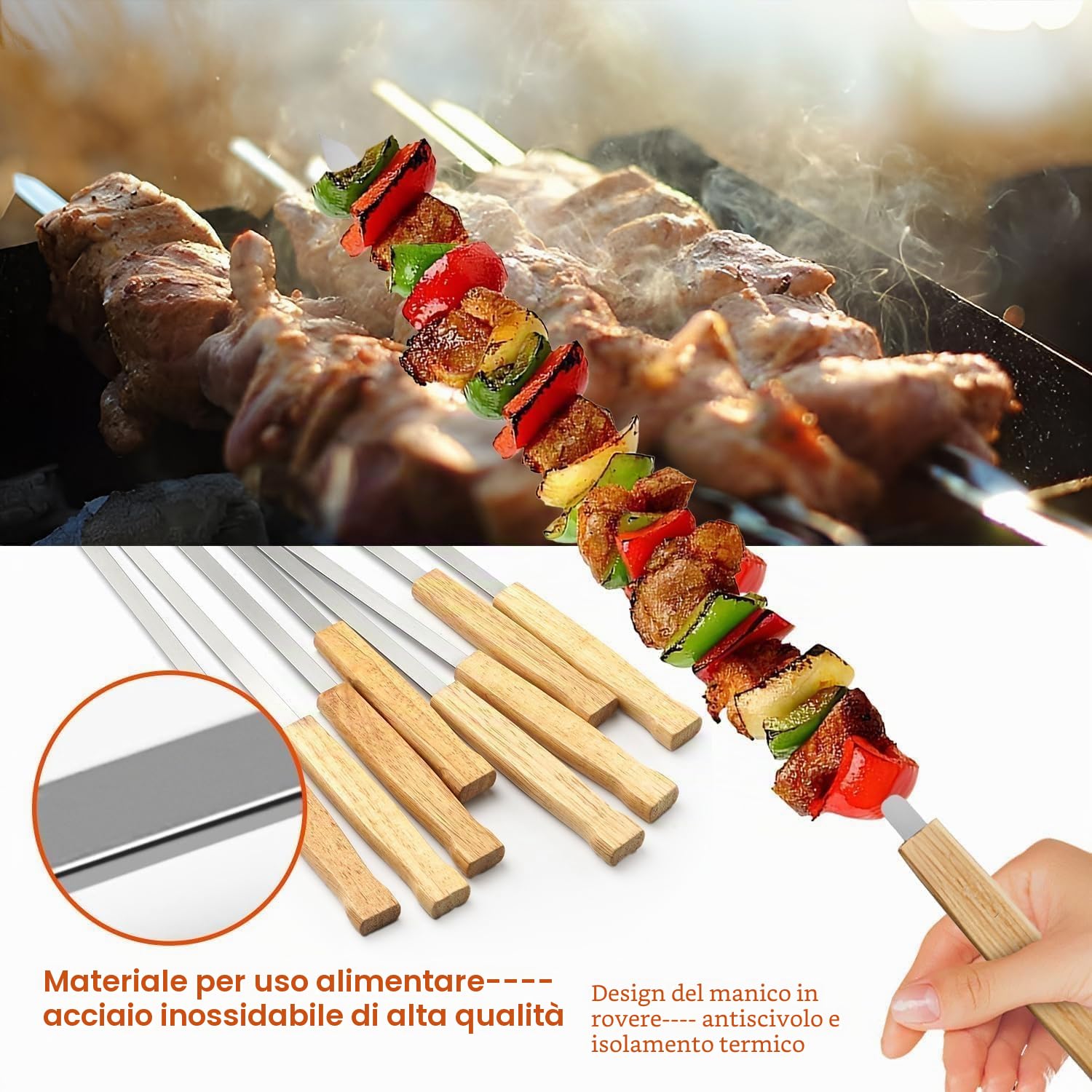 8 Pezzi Spiedini in Acciaio Inox con Manici in Legno di Faggio, Spiedini Barbecue Lunghi 42 cm, Spiedo per Barbecue Riutilizzabili, Accessori Barbecue per Verdure, Carne e Salsicce