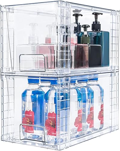 Paquete de 2 cajones apilables grandes, organizadores de cajones de acrílico transparente con asas, fácil de montar para debajo del fregadero, baño,