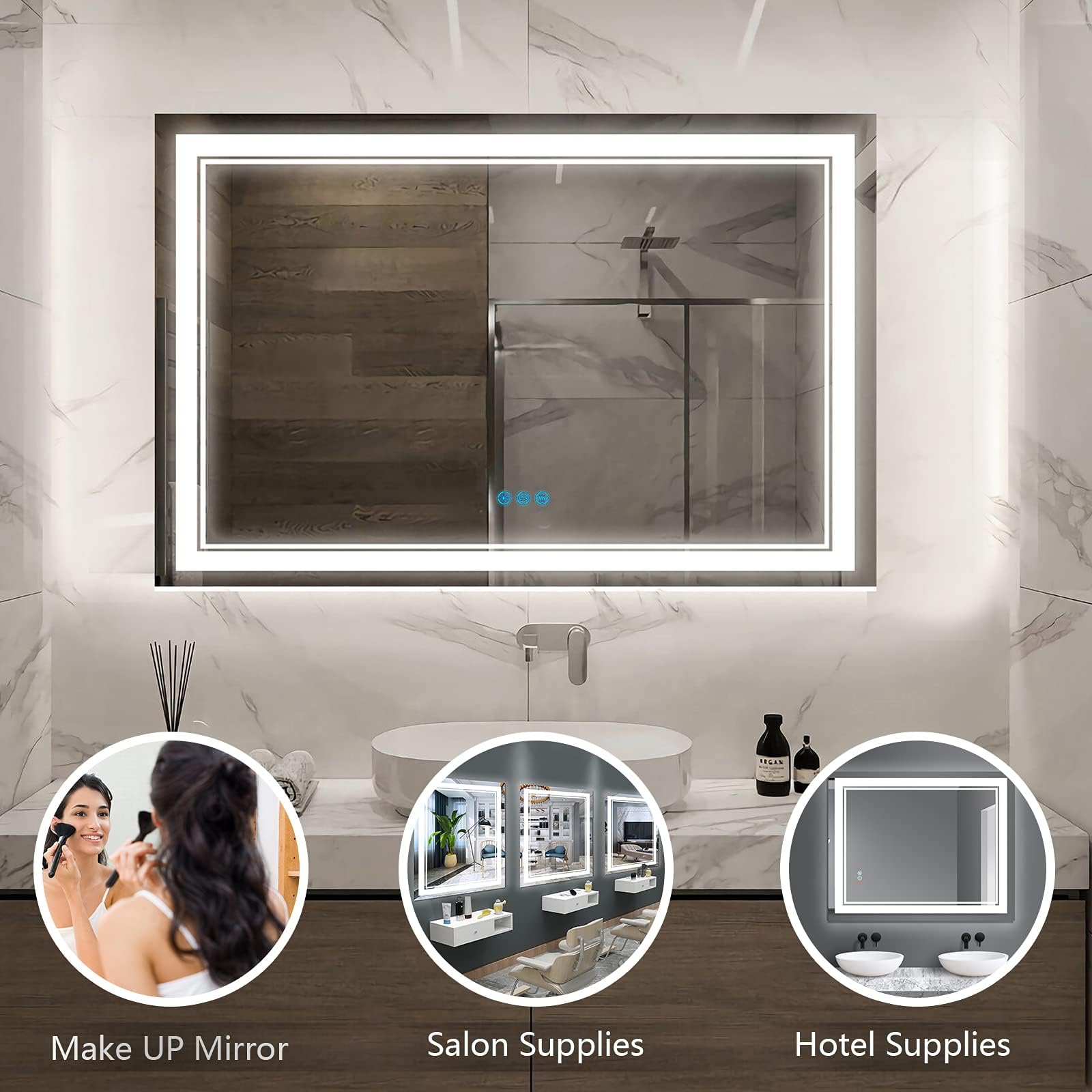 Homedex 48”x 32” Bathroom Led Vanity Mirror with 3 Colors Light, Dimmable Touch Switch Control, Anti-Fog Wall Mounted Makeup Mirror for Wall (Horizontal)