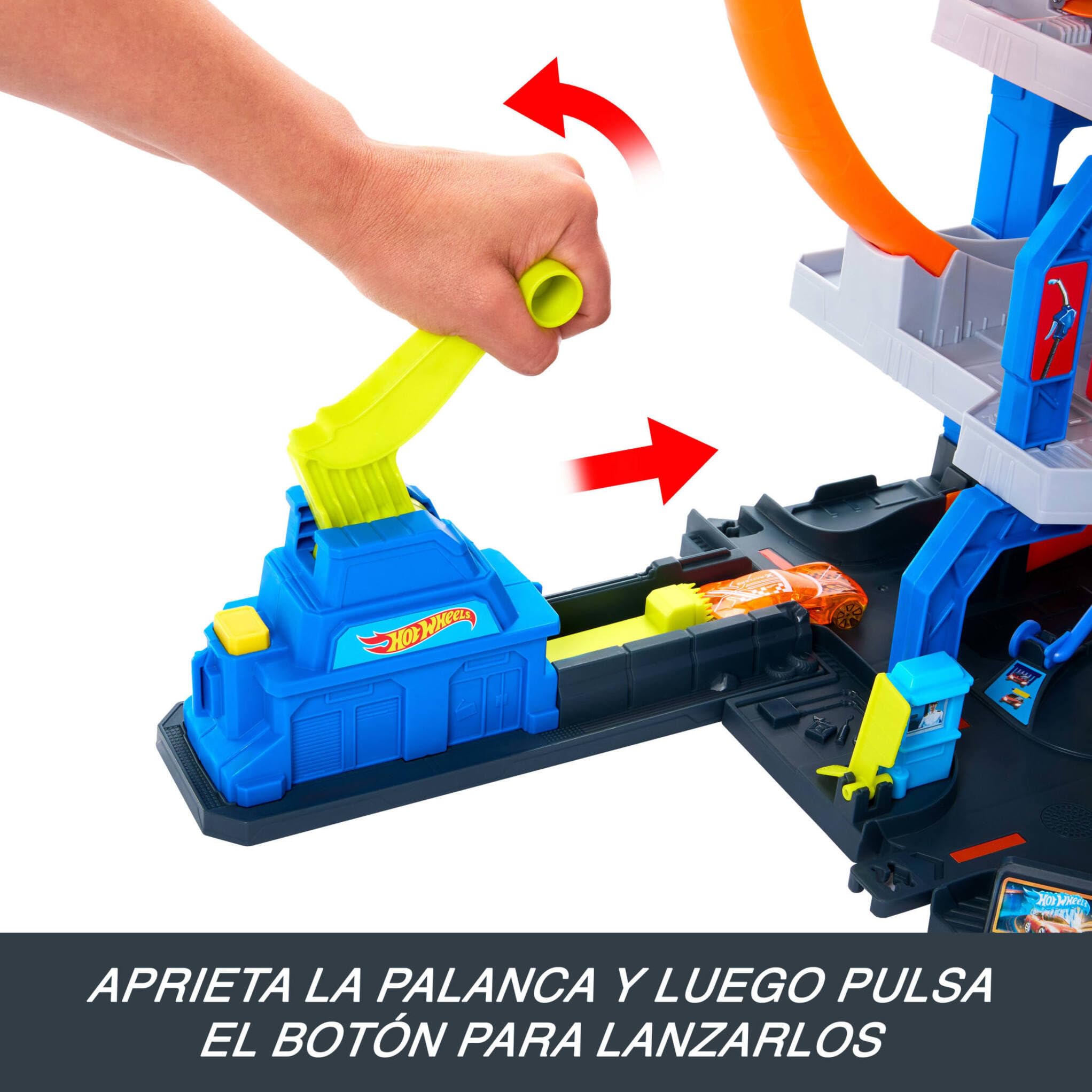 Hot Wheels Conjunto de Pista con helicóptero y Coche metálico, Tres Niveles de Juego, Dos loopings, Almacenamiento para 37 Coches a Escala 1:64 y adaptadores Speed Snap, JLC05
