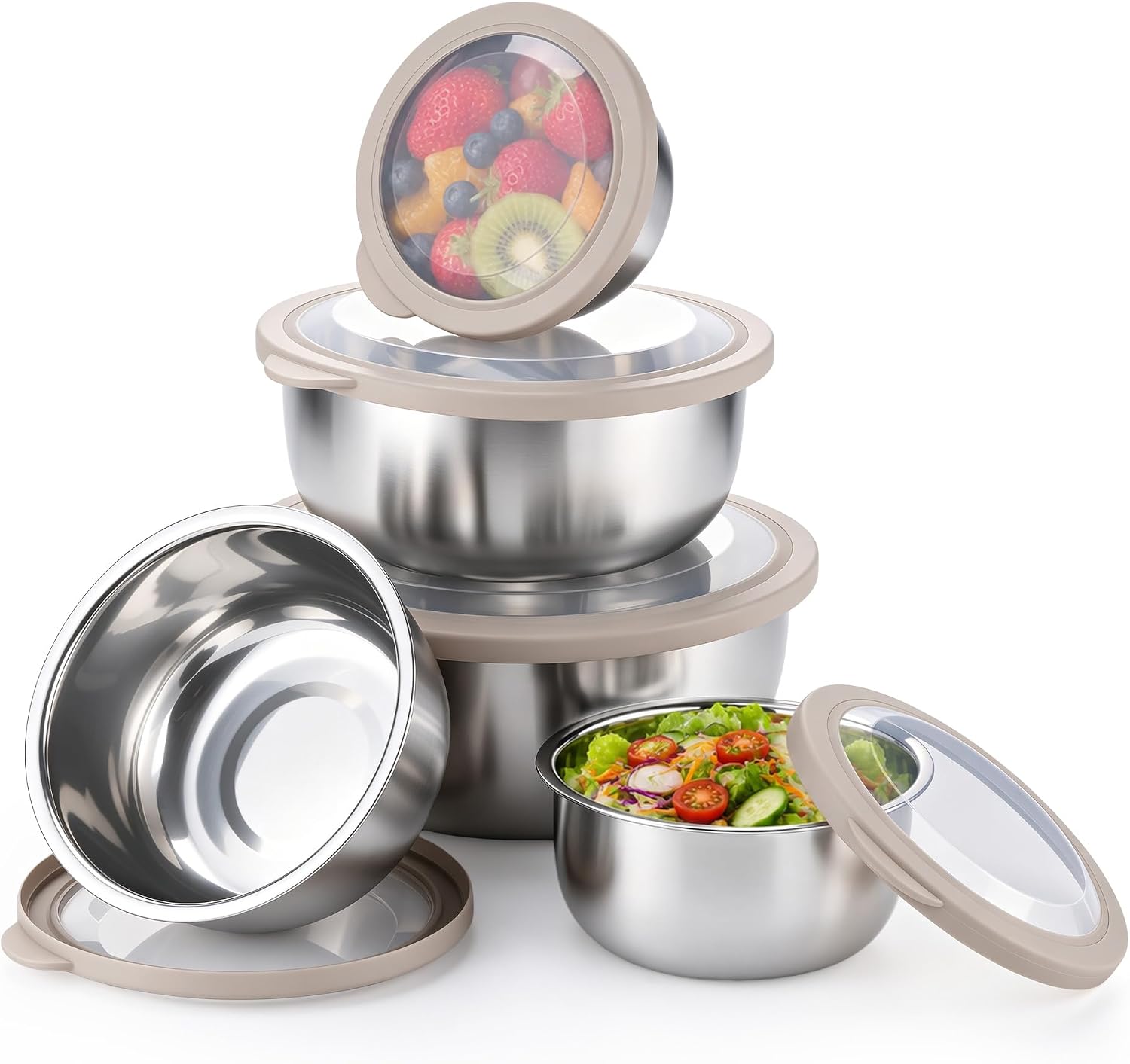 E-far Mixing Bowls with Lids Set of 5, Stainless Steel Nesting Salad Bowls