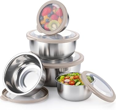 E-far Mixing Bowls with Lids Set of 5, Stainless Steel Nesting Salad Bowls