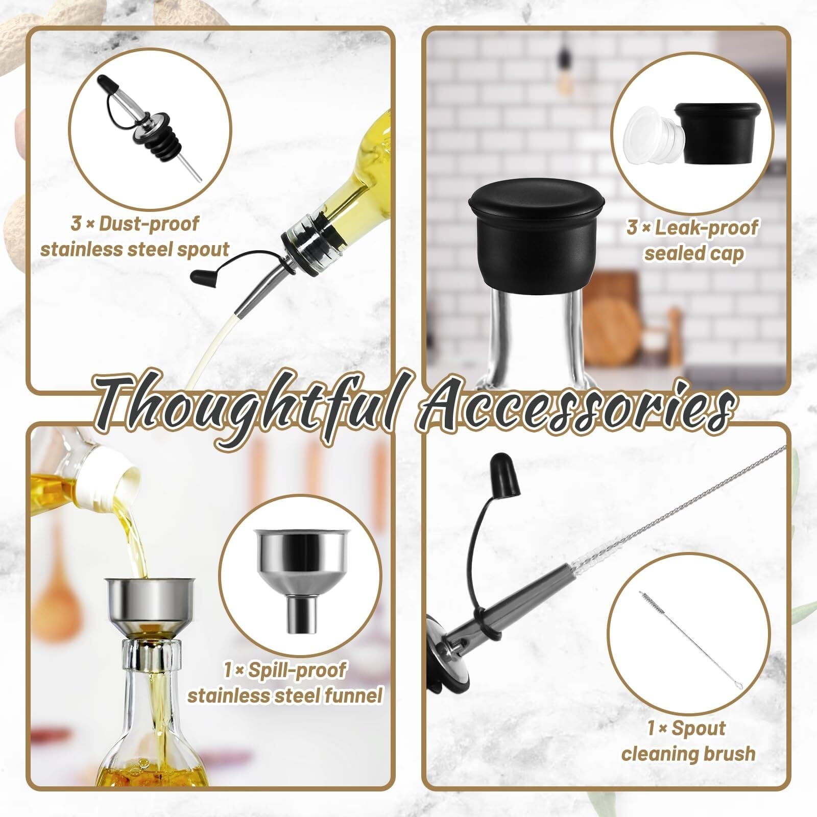 Juego de dispensador automático de vinagre de aceite, 3 botellas de condimento de cocina con función de apertura y cierre fácil, perfecto para cocinar y aderezar, ollas de aceite y vinagre